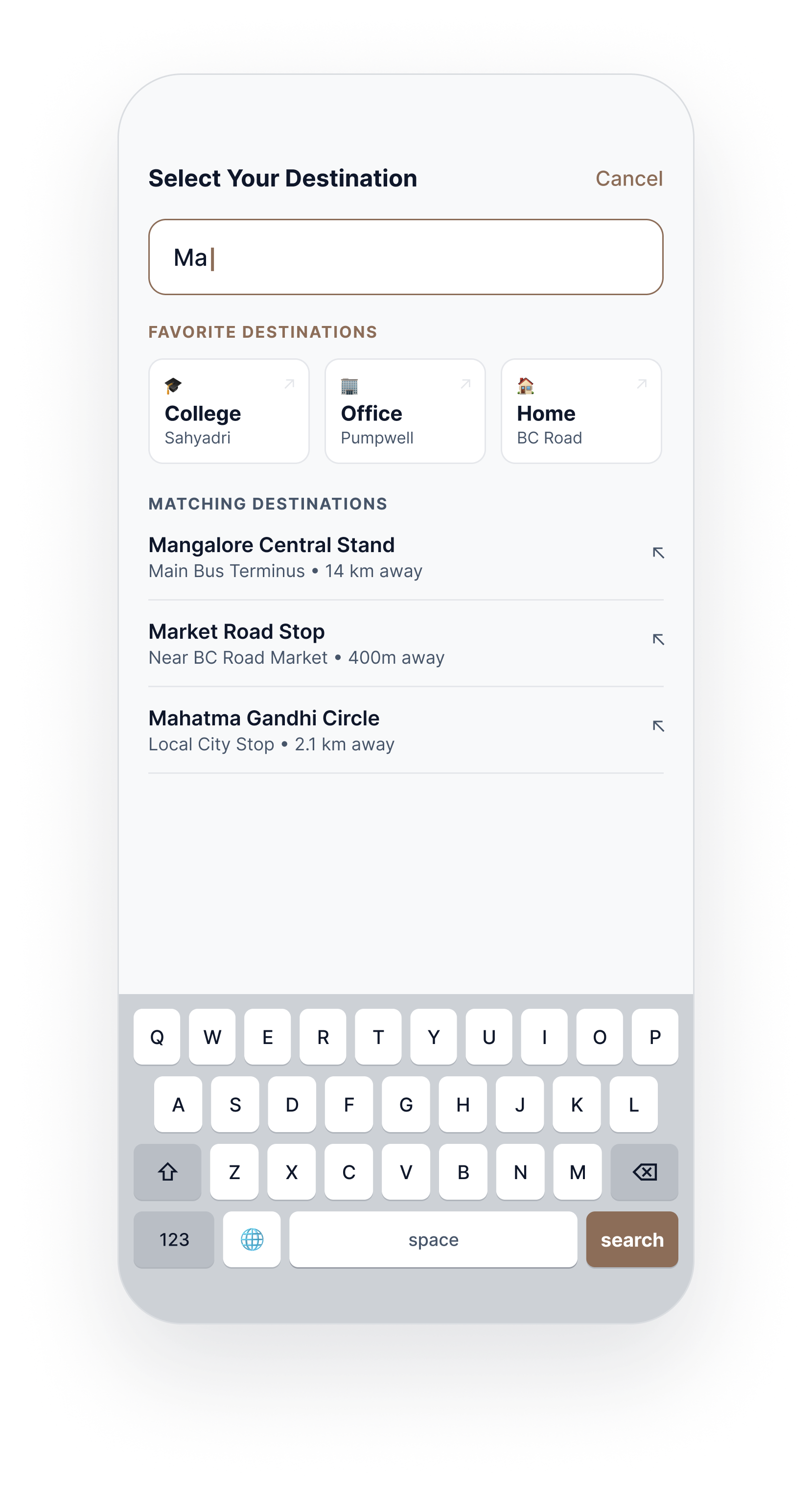 Destination search screen